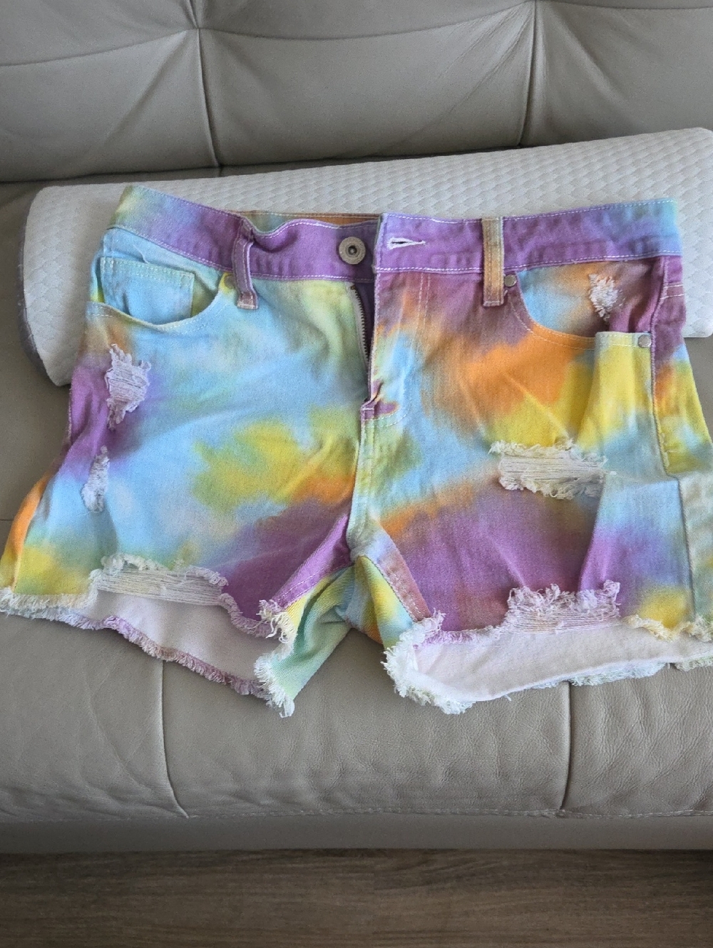 Hydraulic Pastel Tie-Dye Distressed Jean Shorts - Purple, Blue, Yellow